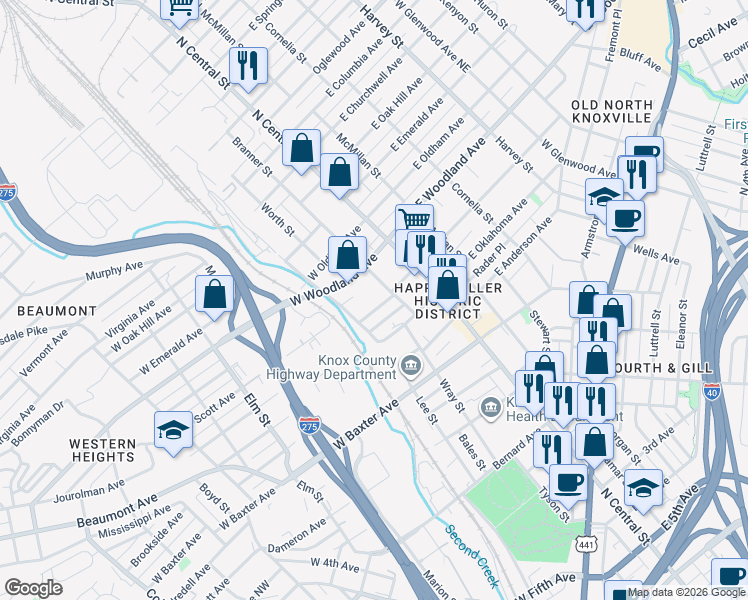 map of restaurants, bars, coffee shops, grocery stores, and more near 214 West Scott Avenue in Knoxville