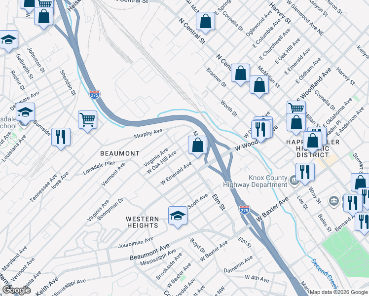 map of restaurants, bars, coffee shops, grocery stores, and more near 803 West Oak Hill Avenue in Knoxville
