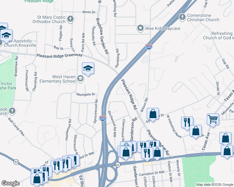 map of restaurants, bars, coffee shops, grocery stores, and more near 4109 Pleasant Ridge Road in Knoxville