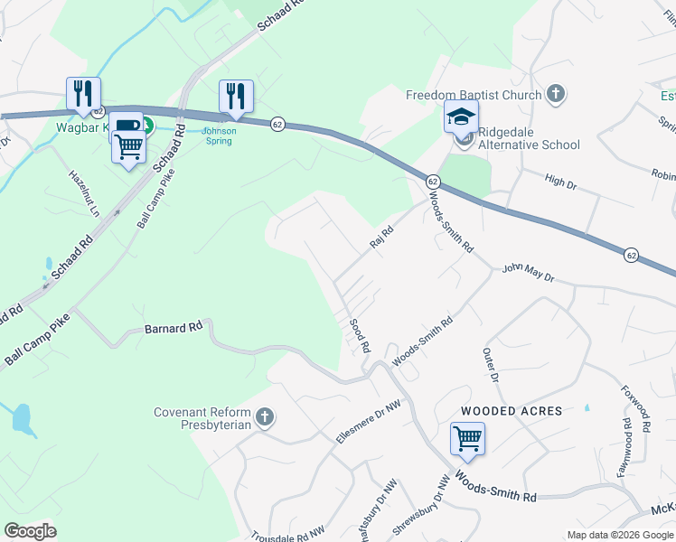map of restaurants, bars, coffee shops, grocery stores, and more near 4417 Raj Road in Knoxville