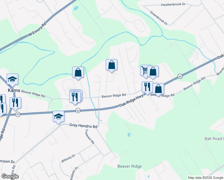 map of restaurants, bars, coffee shops, grocery stores, and more near 7541 Beaver Ridge Road in Knoxville