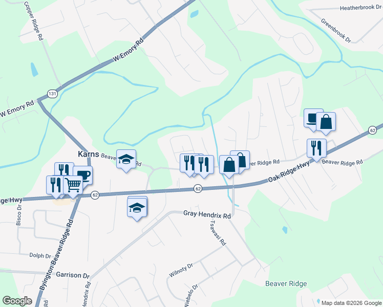 map of restaurants, bars, coffee shops, grocery stores, and more near 3318 Adams Gate Road in Knoxville