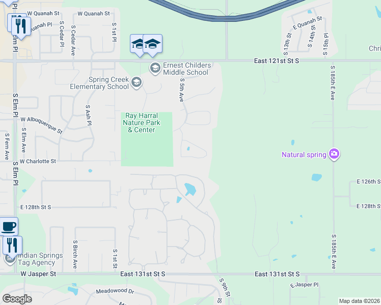 map of restaurants, bars, coffee shops, grocery stores, and more near 604 East Baton Rouge Street in Broken Arrow