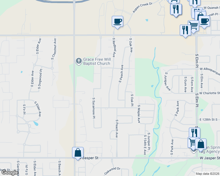 map of restaurants, bars, coffee shops, grocery stores, and more near 7201 South Redbud Avenue in Broken Arrow
