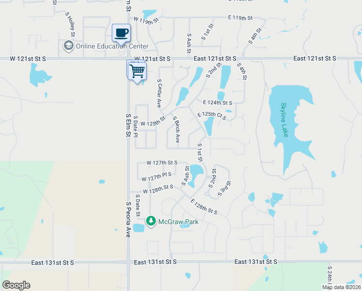 map of restaurants, bars, coffee shops, grocery stores, and more near 12533 South Birch Avenue in Jenks