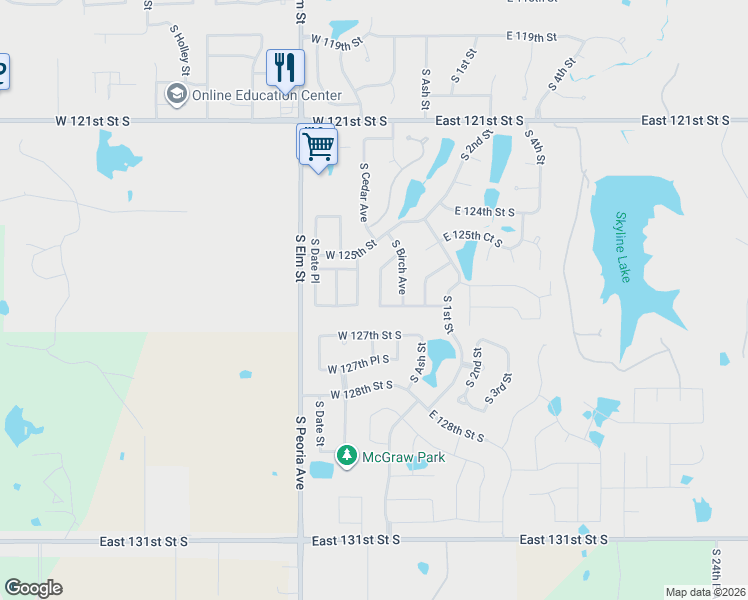 map of restaurants, bars, coffee shops, grocery stores, and more near 12530 South Cedar Avenue in Jenks