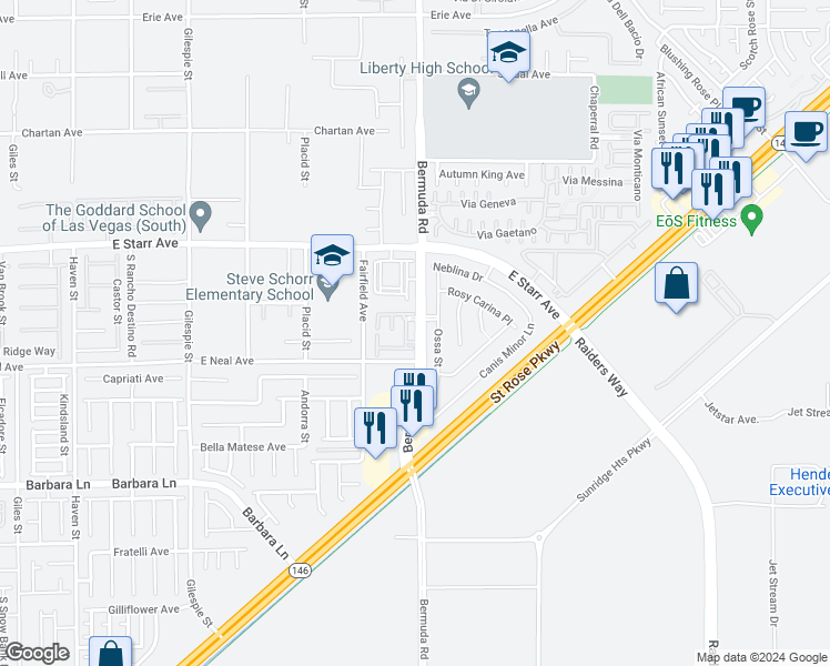 map of restaurants, bars, coffee shops, grocery stores, and more near 11425 Bermuda Road in Henderson