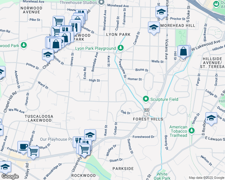 map of restaurants, bars, coffee shops, grocery stores, and more near 1044 Westwood Drive in Durham