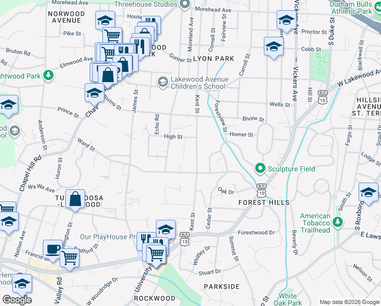 map of restaurants, bars, coffee shops, grocery stores, and more near 1516 Kent Street in Durham