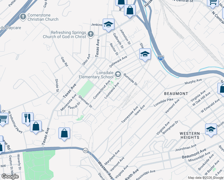 map of restaurants, bars, coffee shops, grocery stores, and more near Louisiana Avenue in Knoxville