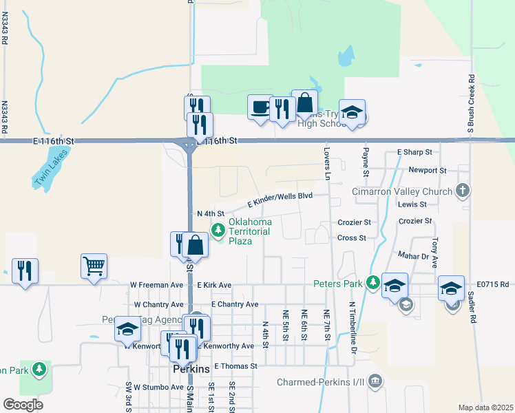 map of restaurants, bars, coffee shops, grocery stores, and more near 414 East Kinder/Wells Boulevard in Perkins
