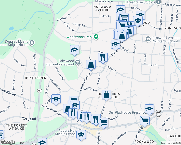 map of restaurants, bars, coffee shops, grocery stores, and more near 2501A Chapel Hill Road in Durham