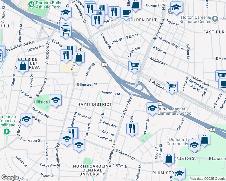 map of restaurants, bars, coffee shops, grocery stores, and more near 706 Colfax Street in Durham