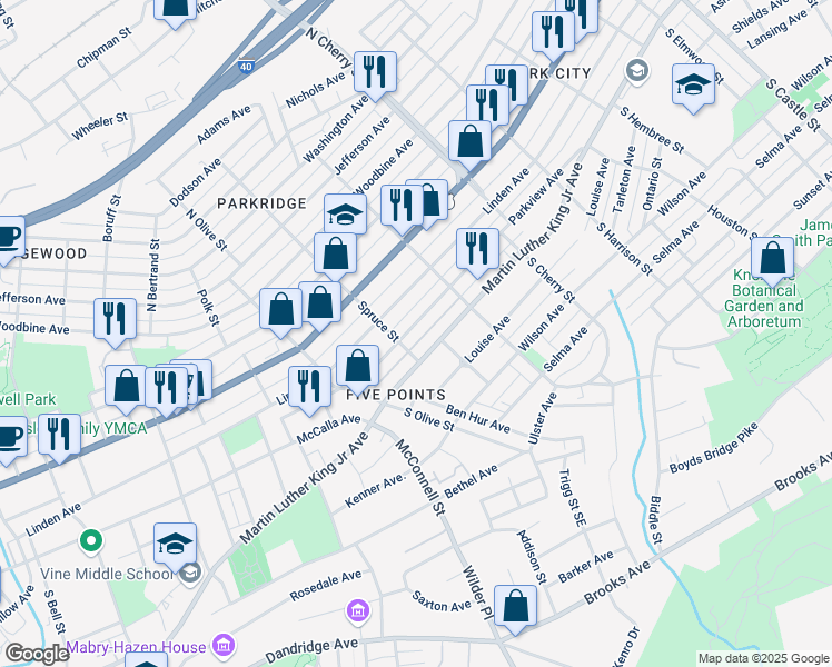 map of restaurants, bars, coffee shops, grocery stores, and more near 2401 Parkview Avenue in Knoxville