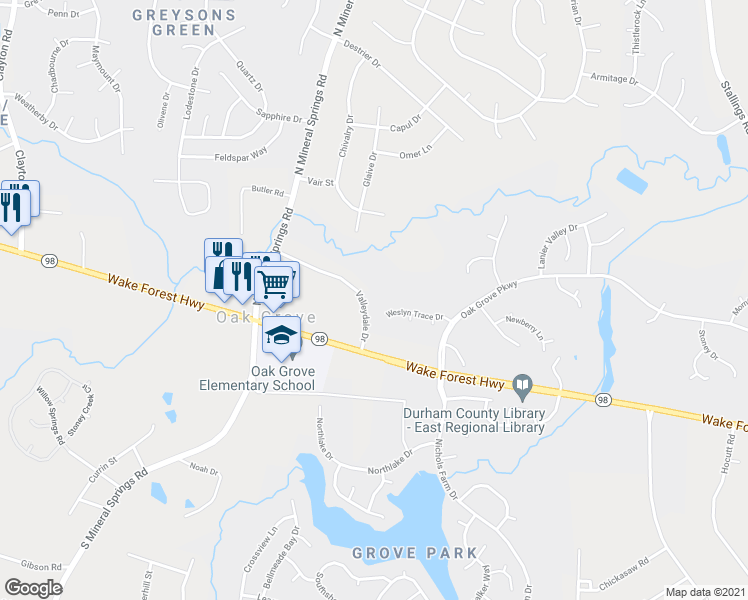 map of restaurants, bars, coffee shops, grocery stores, and more near 3825 Valleydale Drive in Durham