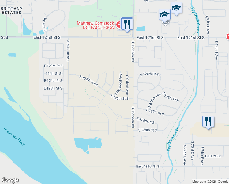 map of restaurants, bars, coffee shops, grocery stores, and more near 12474 South Norwood Avenue in Bixby