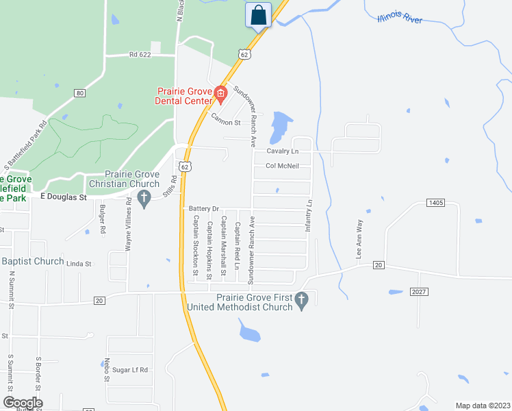 map of restaurants, bars, coffee shops, grocery stores, and more near 1110 Battery Drive in Prairie Grove