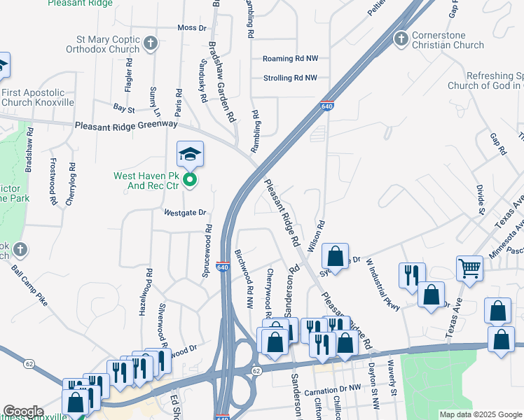 map of restaurants, bars, coffee shops, grocery stores, and more near 4109 Pleasant Ridge Road in Knoxville