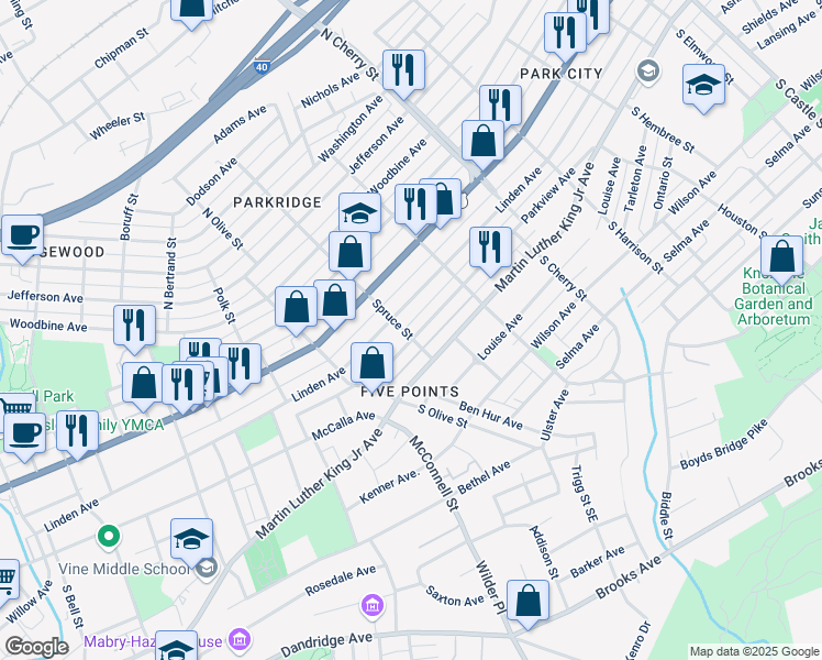 map of restaurants, bars, coffee shops, grocery stores, and more near 2401 Parkview Ave in Knoxville