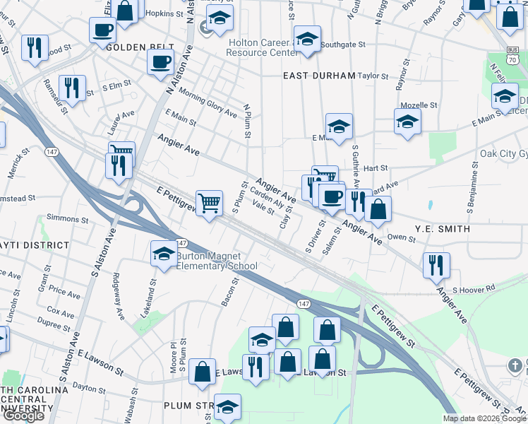 map of restaurants, bars, coffee shops, grocery stores, and more near 1804 Vale Street in Durham