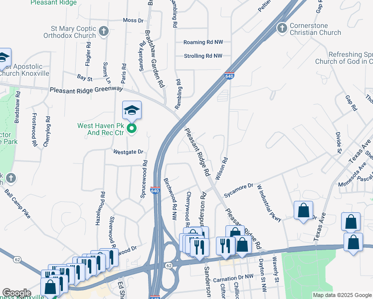 map of restaurants, bars, coffee shops, grocery stores, and more near 4109 Pleasant Ridge Road in Knoxville