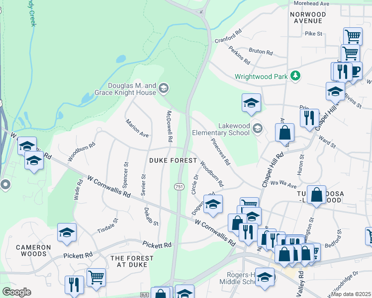 map of restaurants, bars, coffee shops, grocery stores, and more near Academy Rd & Woodburn Rd in Durham