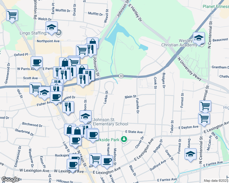 map of restaurants, bars, coffee shops, grocery stores, and more near 1714 North Hamilton Street in High Point