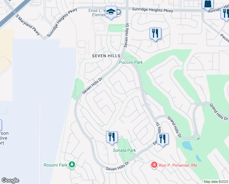 map of restaurants, bars, coffee shops, grocery stores, and more near 3037 Via Sarafina Drive in Henderson