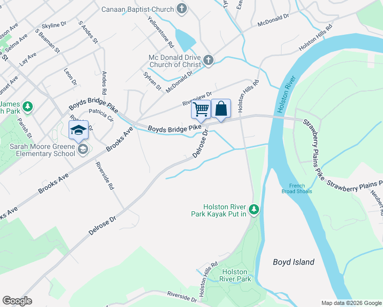 map of restaurants, bars, coffee shops, grocery stores, and more near 3601 Delrose Drive in Knoxville