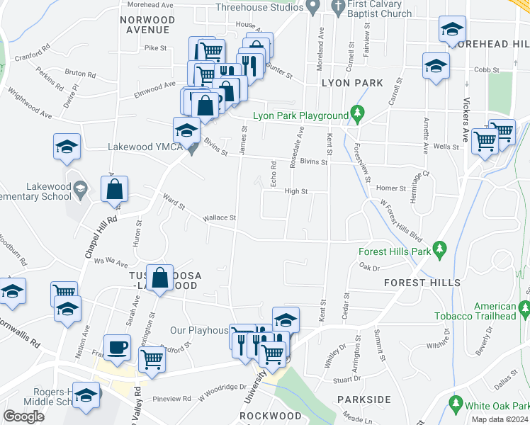 map of restaurants, bars, coffee shops, grocery stores, and more near 1714 Wallace Street in Durham