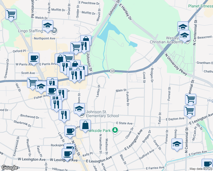 map of restaurants, bars, coffee shops, grocery stores, and more near 1714 North Hamilton Street in High Point