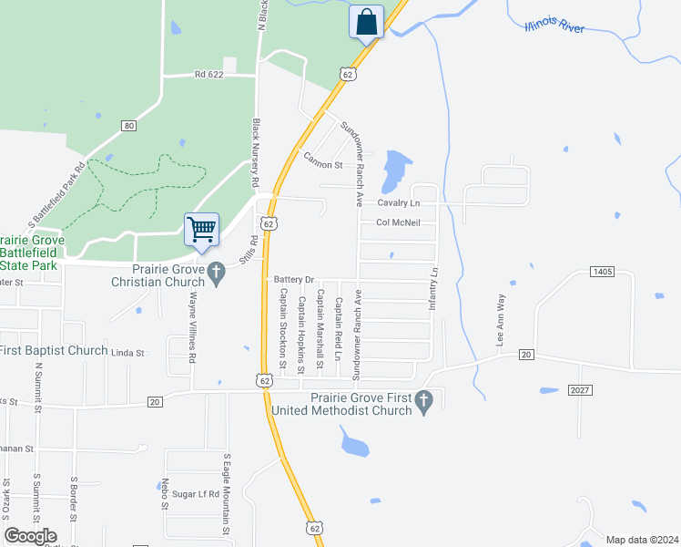 map of restaurants, bars, coffee shops, grocery stores, and more near 1160 Battery Drive in Prairie Grove