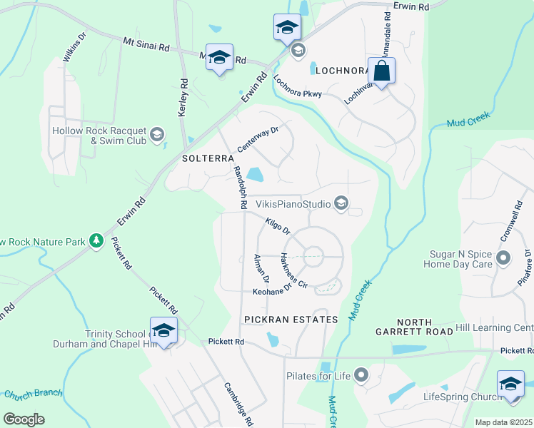 map of restaurants, bars, coffee shops, grocery stores, and more near 3614 Kilgo Drive in Durham