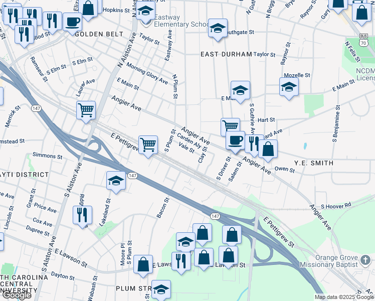 map of restaurants, bars, coffee shops, grocery stores, and more near 1804 Vale Street in Durham