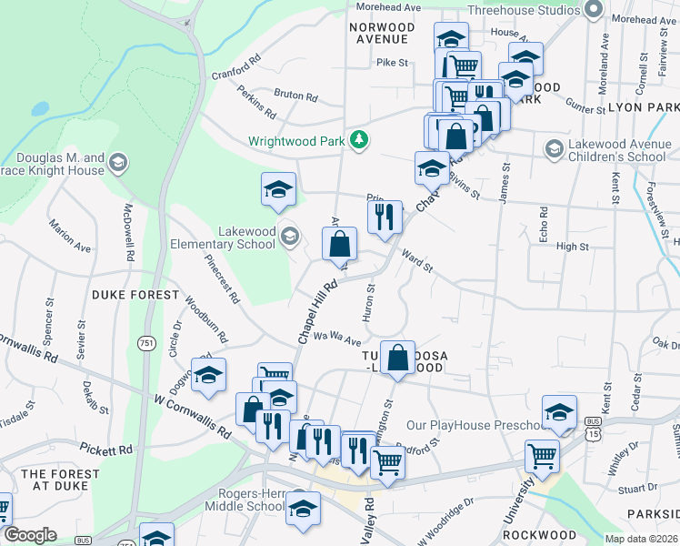 map of restaurants, bars, coffee shops, grocery stores, and more near 2501A Chapel Hill Road in Durham