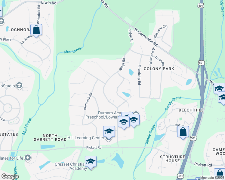 map of restaurants, bars, coffee shops, grocery stores, and more near 3310 Rolling Hill Road in Durham
