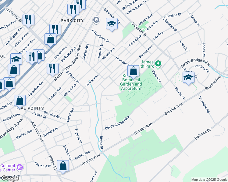 map of restaurants, bars, coffee shops, grocery stores, and more near 2639 Wimpole Avenue in Knoxville