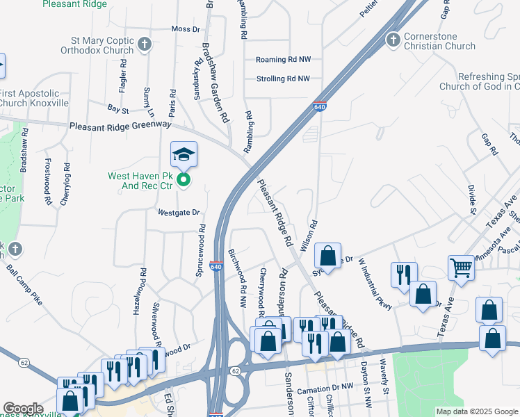 map of restaurants, bars, coffee shops, grocery stores, and more near 4109 Pleasant Ridge Road in Knoxville