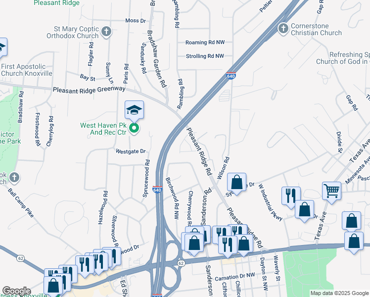 map of restaurants, bars, coffee shops, grocery stores, and more near 4109 Pleasant Ridge Road in Knoxville