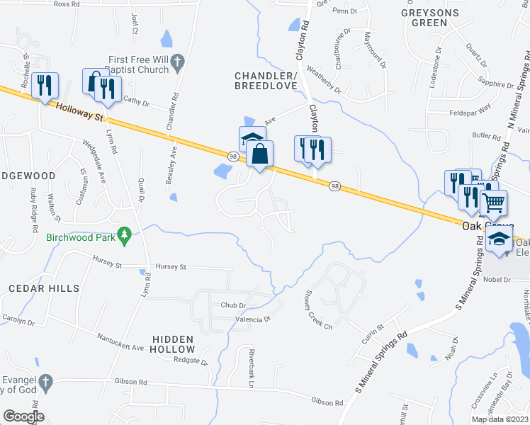 map of restaurants, bars, coffee shops, grocery stores, and more near 303 Farm House Lane in Durham