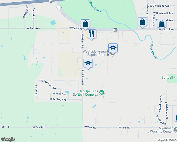 map of restaurants, bars, coffee shops, grocery stores, and more near 1521 South Wickham Road in Sapulpa
