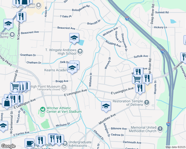 map of restaurants, bars, coffee shops, grocery stores, and more near 1500 Wiltshire Street in High Point
