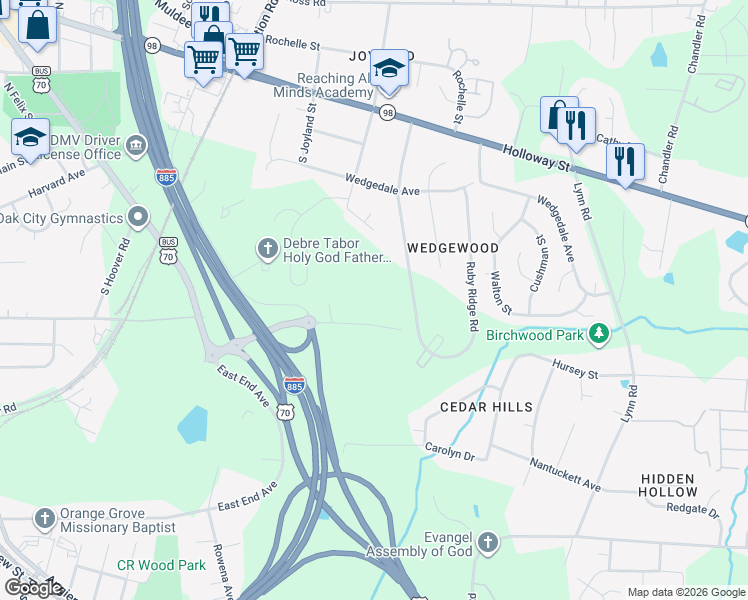 map of restaurants, bars, coffee shops, grocery stores, and more near 3511 Carr Road in Durham