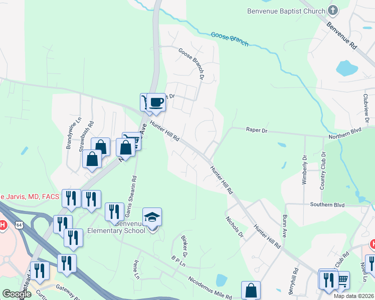 map of restaurants, bars, coffee shops, grocery stores, and more near 2337 Hunter Hill Road in Rocky Mount