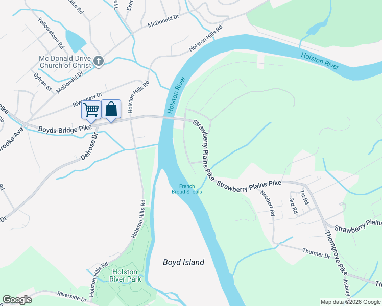 map of restaurants, bars, coffee shops, grocery stores, and more near 1926 River Shores Dr in Knoxville