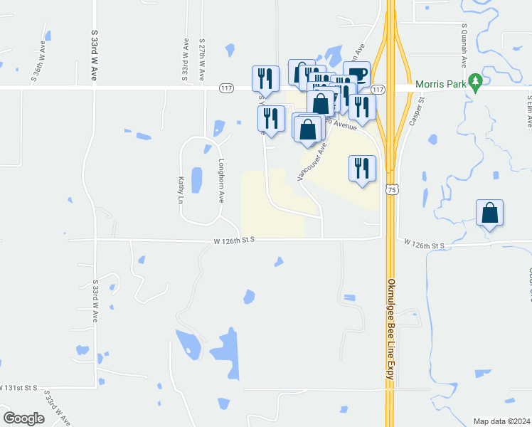 map of restaurants, bars, coffee shops, grocery stores, and more near 12510 South Yukon Avenue in Glenpool
