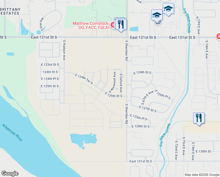 map of restaurants, bars, coffee shops, grocery stores, and more near 12474 South Norwood Avenue in Bixby