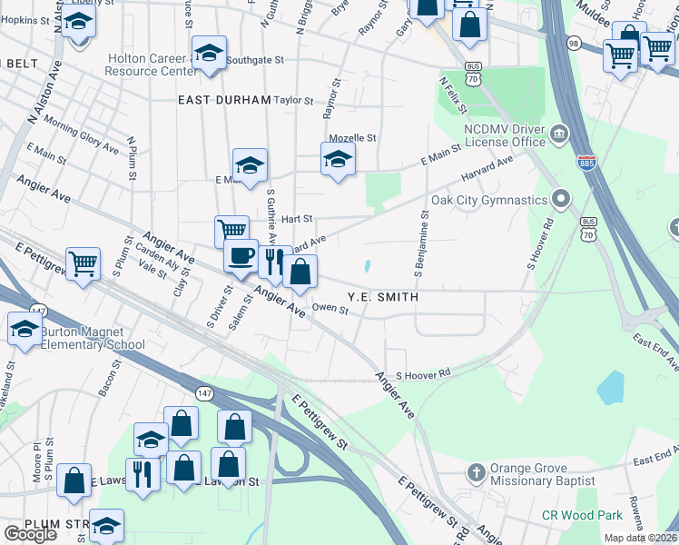 map of restaurants, bars, coffee shops, grocery stores, and more near 2411 Ashe Street in Durham