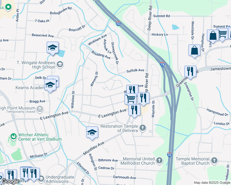map of restaurants, bars, coffee shops, grocery stores, and more near 2507 Woodruff Avenue in High Point