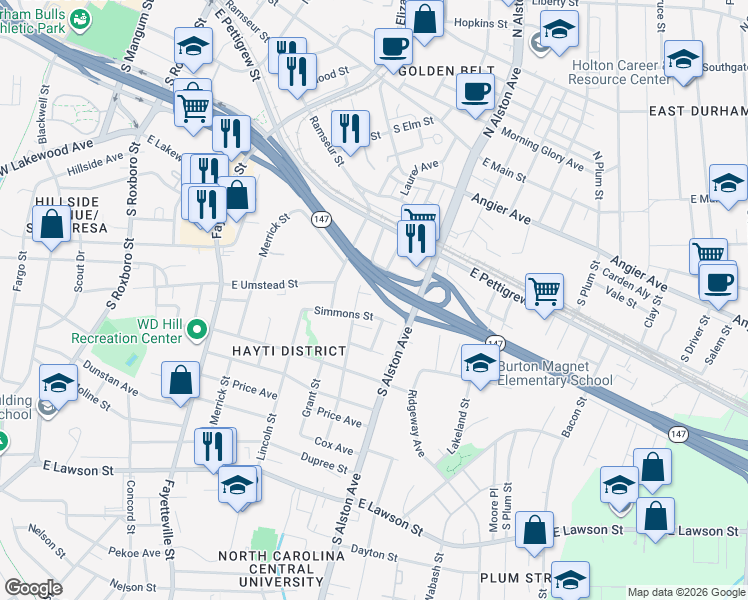 map of restaurants, bars, coffee shops, grocery stores, and more near 1009 Simmons Street in Durham